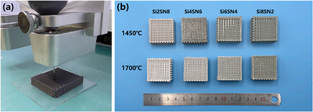 Optical images of (a) the printing process and (b) the sintered sample.